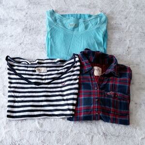 Hollister Plaid Striped Neon Set Of 3 Womens Red Blue Shirts Size Medium